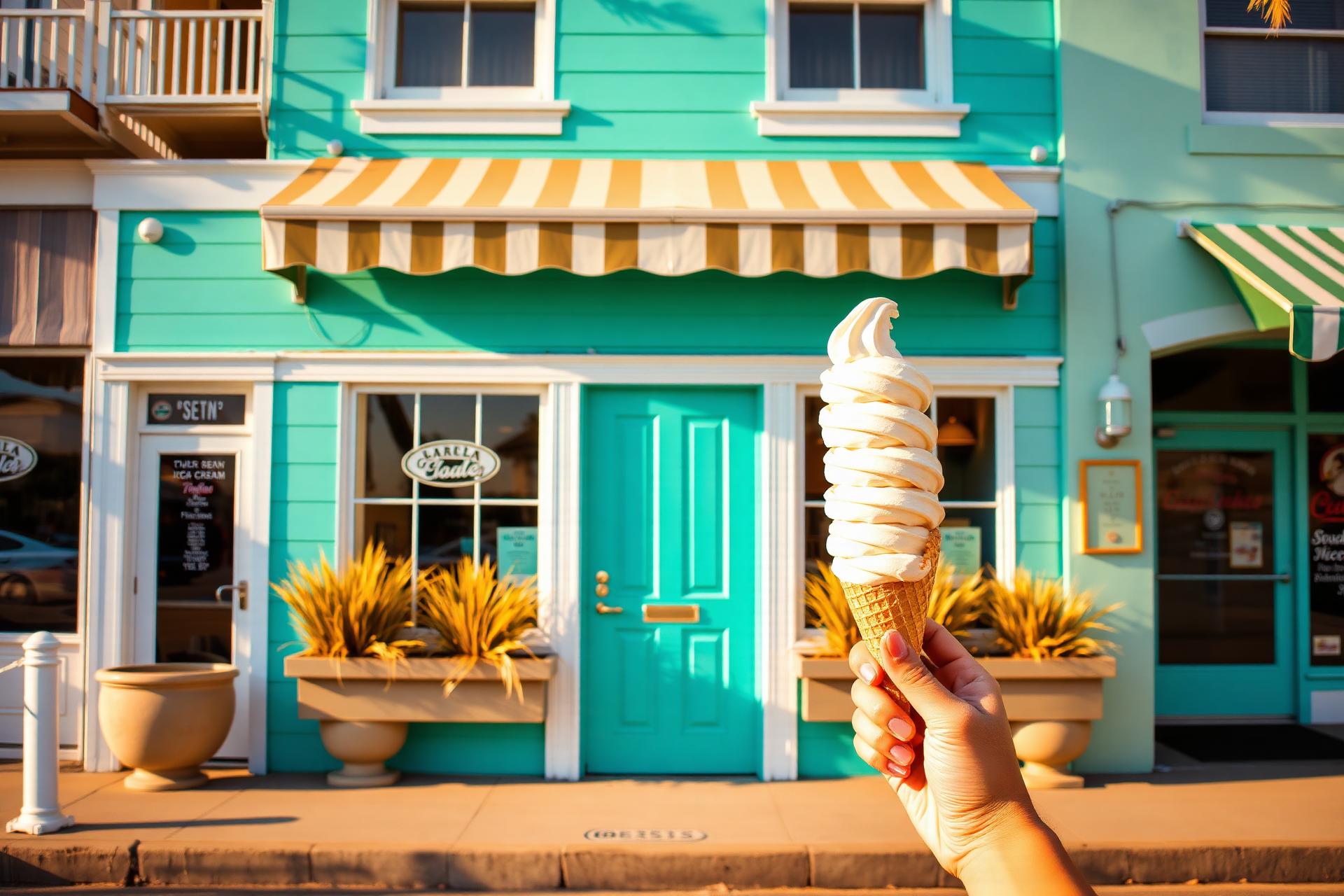 BONBON Crepe & Ice Cream Bar shopfront with a hand holding a soft-serve cone